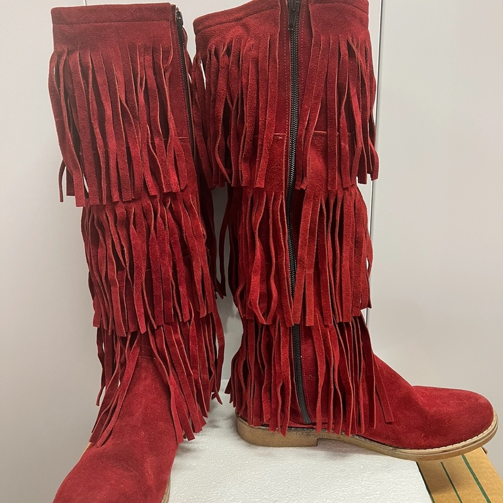 Red Suede Cowboy Moccasin Fringe Boots Size 9/10 EU40